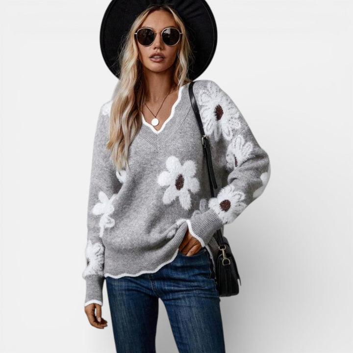 THEA | ELEGANT V-NECK FLORAL SWEATER