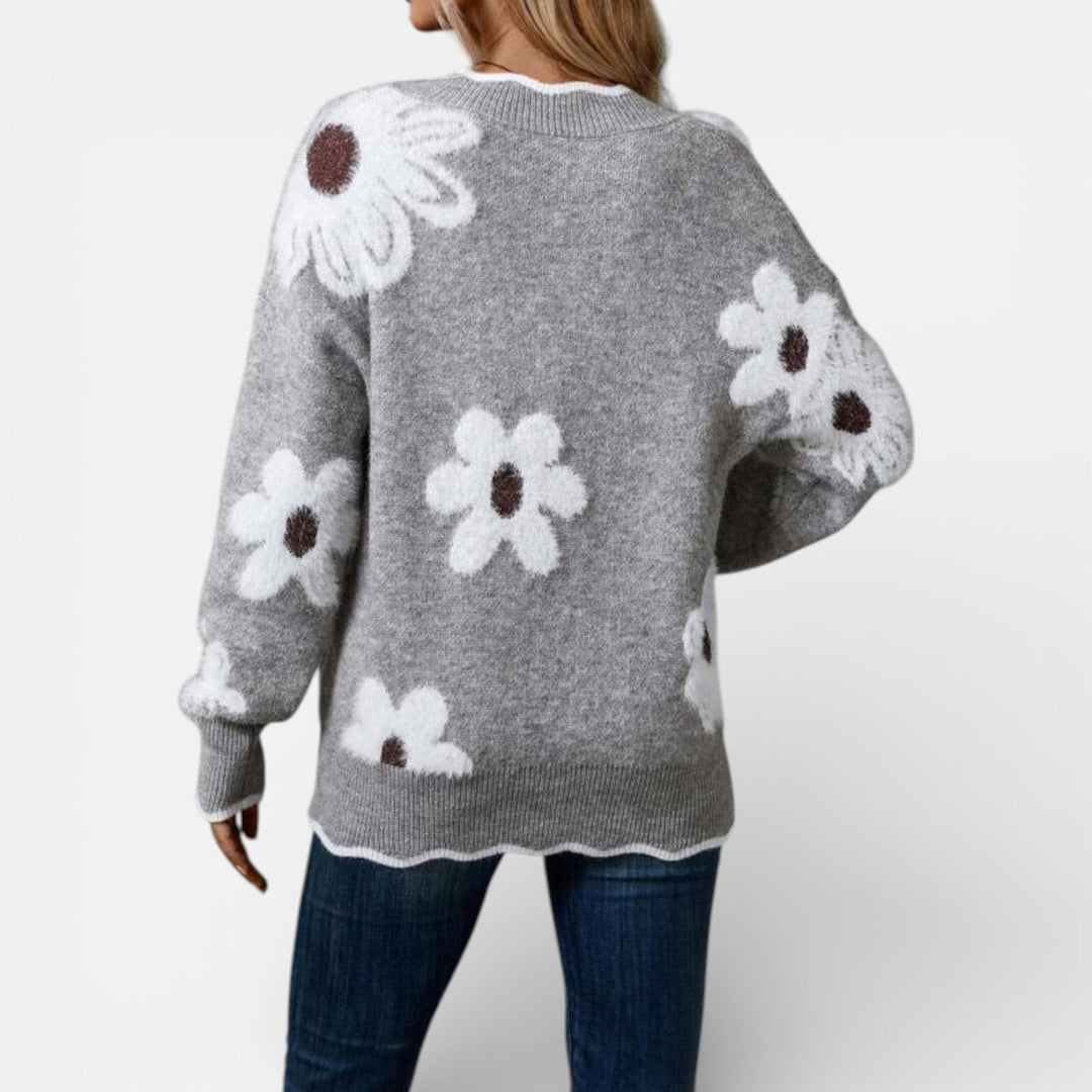 THEA | ELEGANT V-NECK FLORAL SWEATER