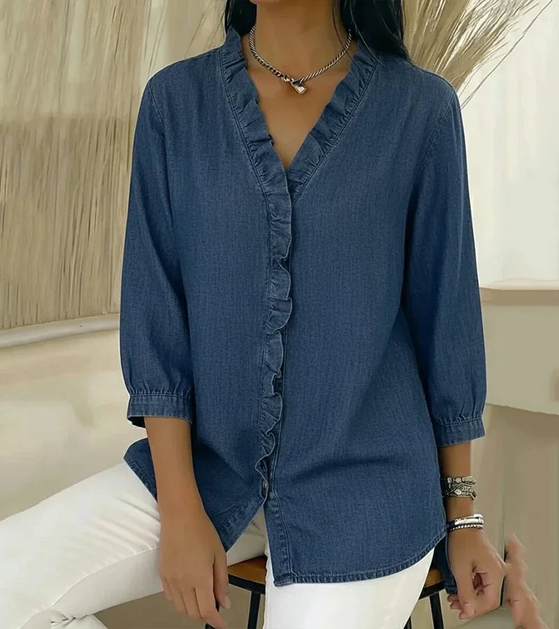 Adele | Fluid denim blouse with V-neck and ruffles