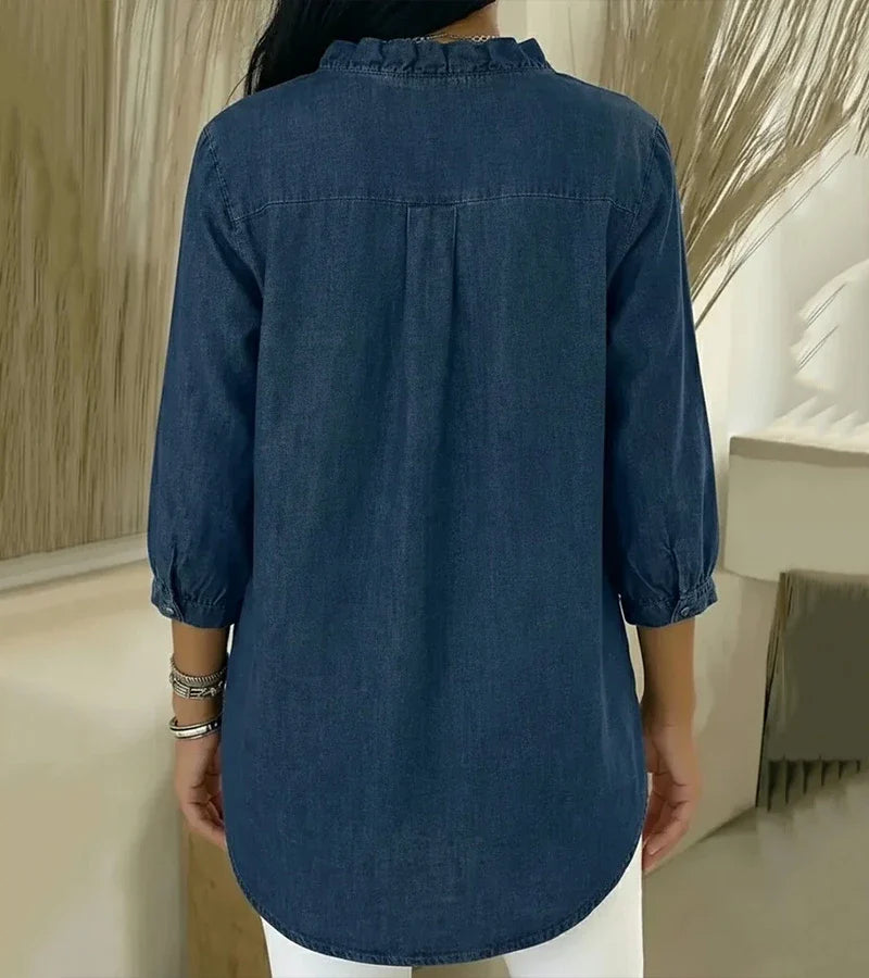 Adele | Fluid denim blouse with V-neck and ruffles