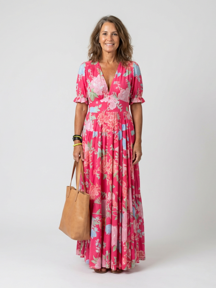 Ione | Short Sleeve V Neck Floral Midi Dress Local Neighbours Sedona