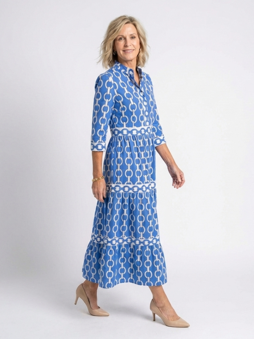 Ysolde | Three Quarter Sleeve Chain Pattern Midi Dress Local Neighbours Sedona