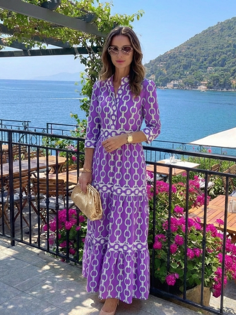 Ysolde | Three Quarter Sleeve Chain Pattern Midi Dress Local Neighbours Sedona