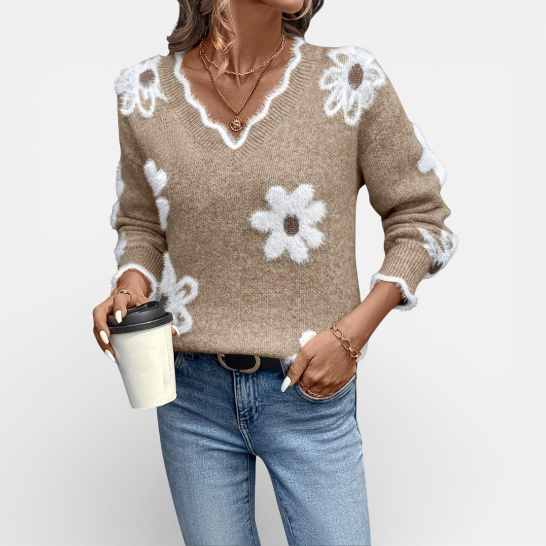 THEA | ELEGANT V-NECK FLORAL SWEATER