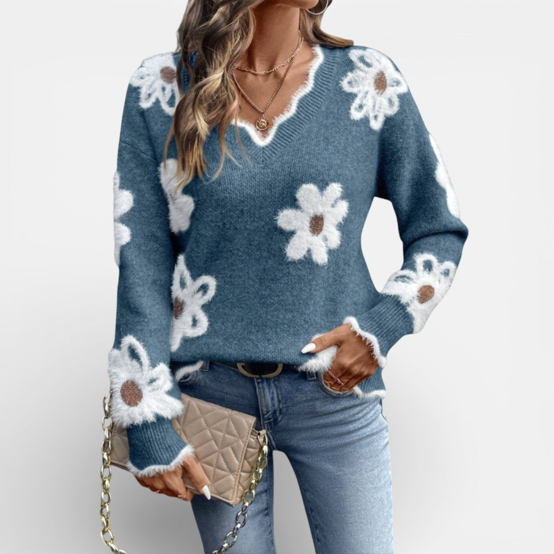 THEA | ELEGANT V-NECK FLORAL SWEATER