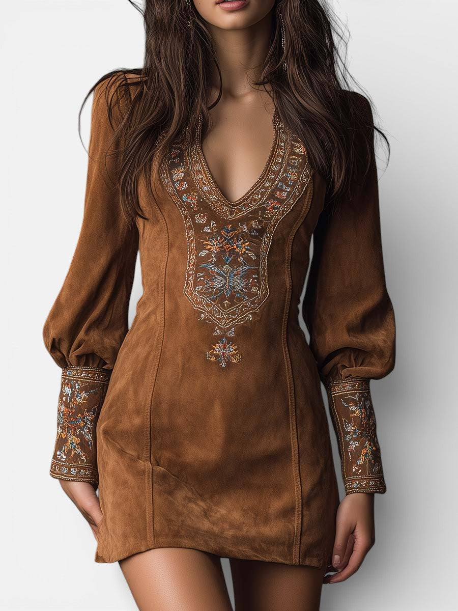 Lunori™ | Embroidered Mini Suede Dress