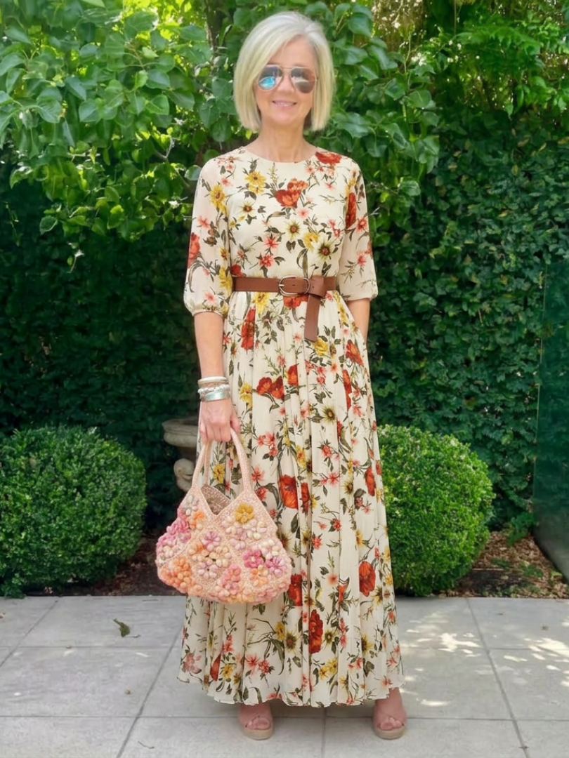 Odelia | Round Neck Three Quarter Sleeve Belted Maxi Dress Local Neighbours Sedona