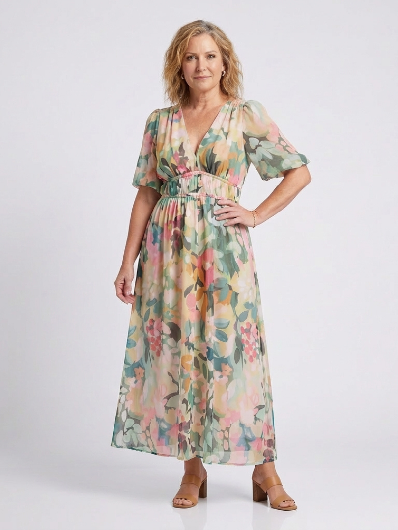 Eulalie | V Neck Short Sleeve Gathered Waist Midi Dress Local Neighbours Sedona