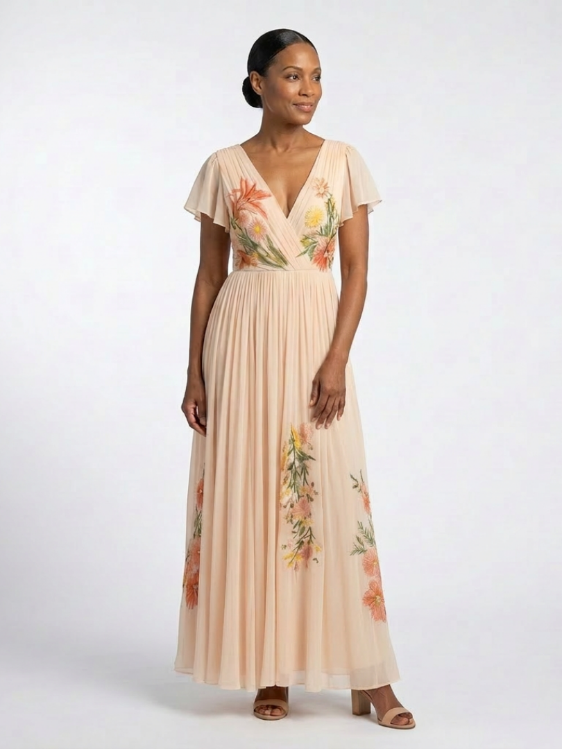 Calista | V Neck Short Sleeve Pleated Floral Maxi Dress Local Neighbours Sedona