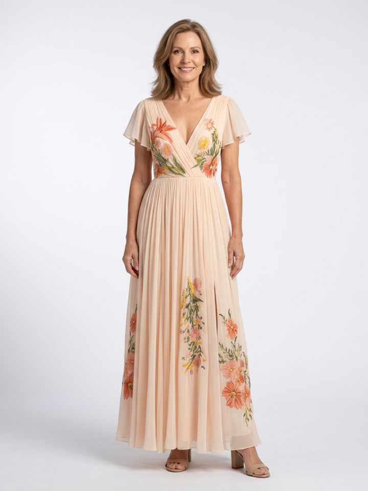 Calista | V Neck Short Sleeve Pleated Floral Maxi Dress Local Neighbours Sedona