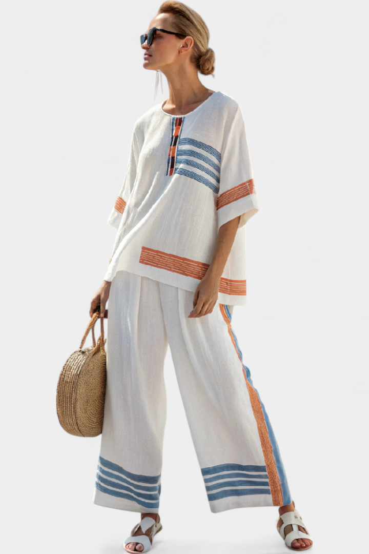 Marcellin | Sophisticated Blue-Orange Striped Top & Pants