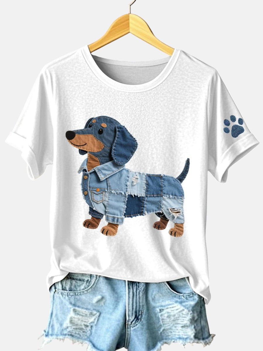 Ciela - Women's Patchwork Art Denim T-Shirt with Dachshund Pattern