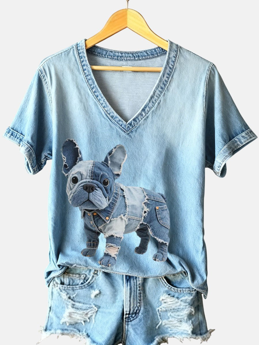 Dulce - Women's V-Neck T-Shirt in French Bulldog Style