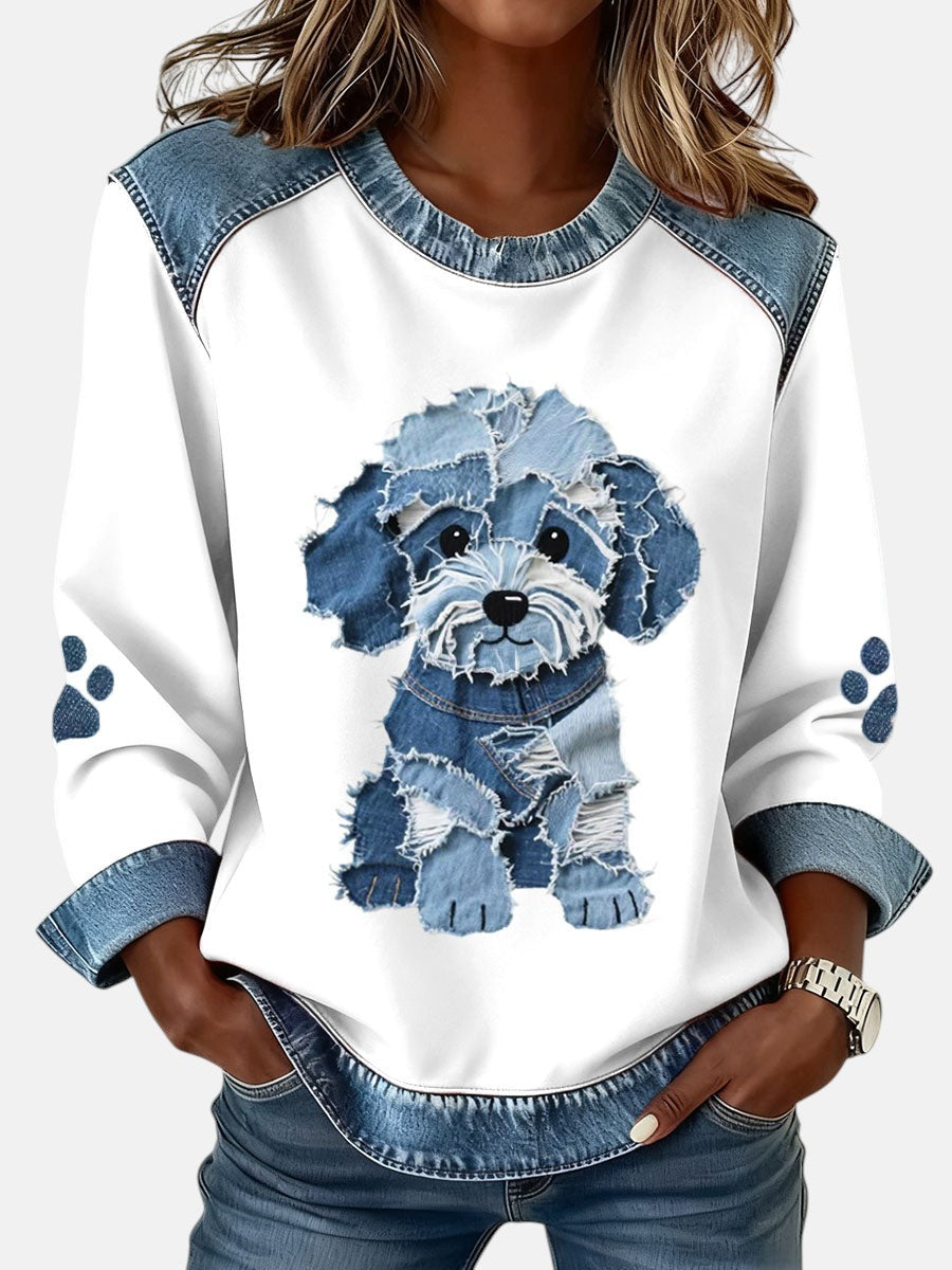 Light - Women's Sweatshirt with Patchwork Design and Denim Print of a Fluffy Dog