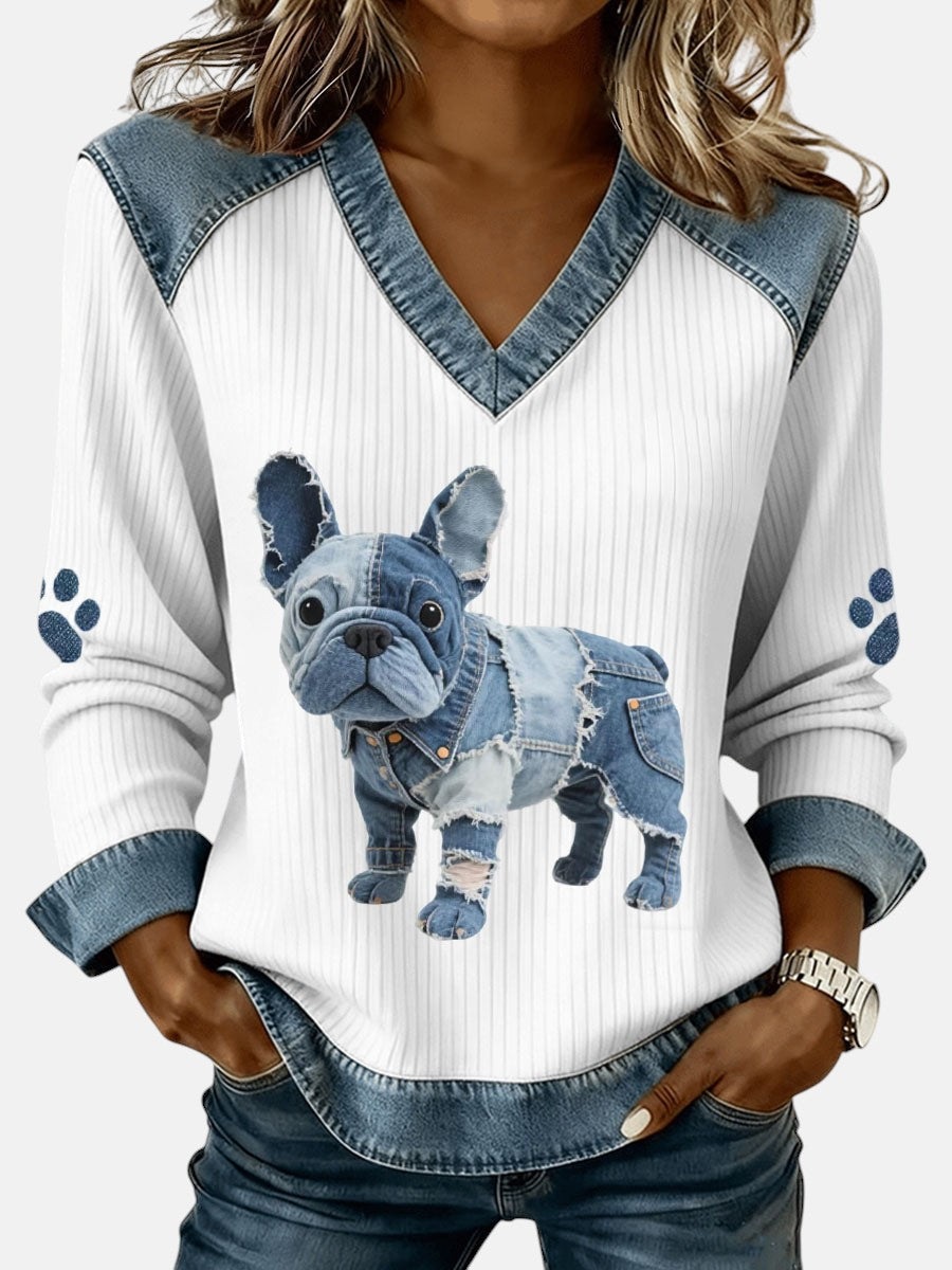 April - Artistic patchwork denim top for women with a V-neck