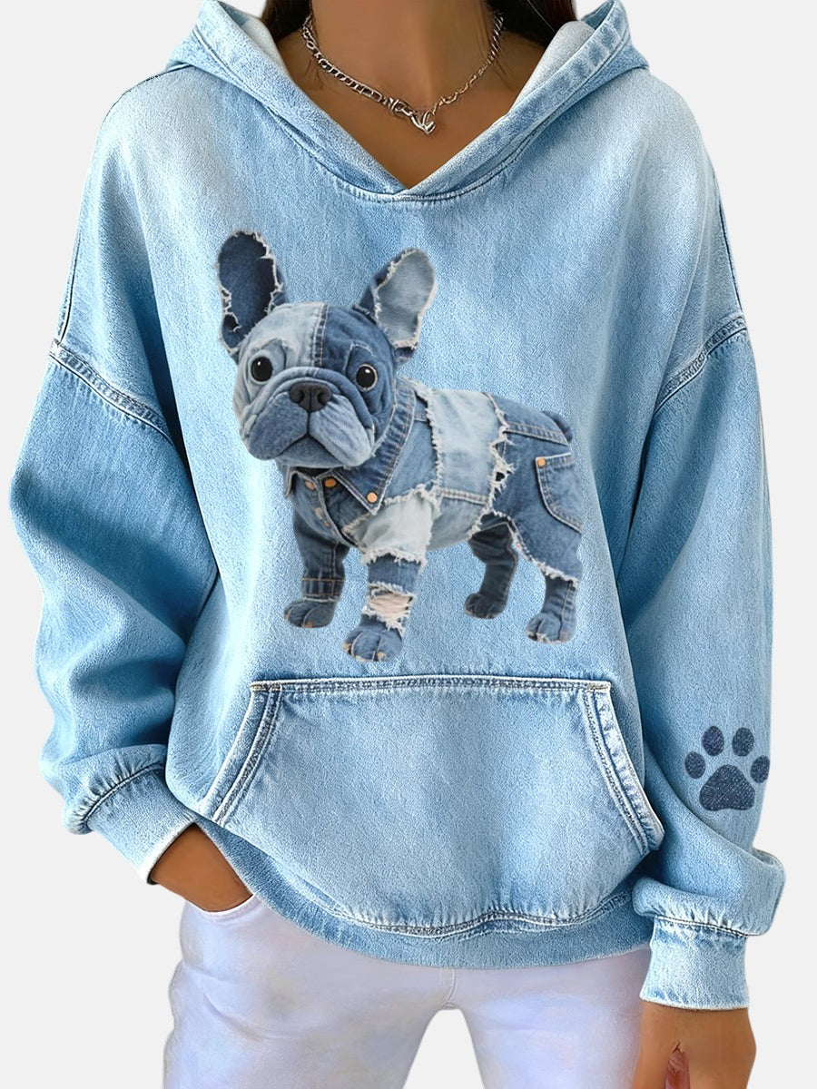 Blanca - Striped French Bulldog Hoodie with Denim Patch for Women